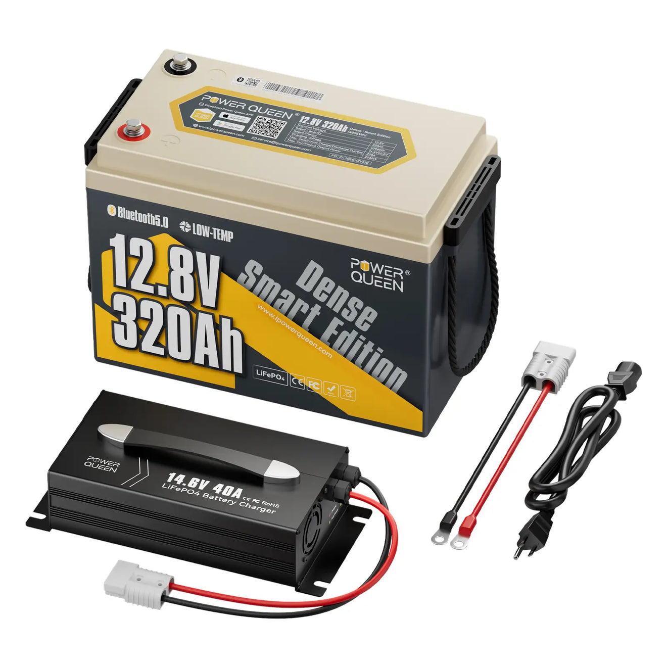 Power Queen 12V 320Ah lithium LiFePO4 battery kit with 40A LiFePO4 battery charger for fast and safe charging.