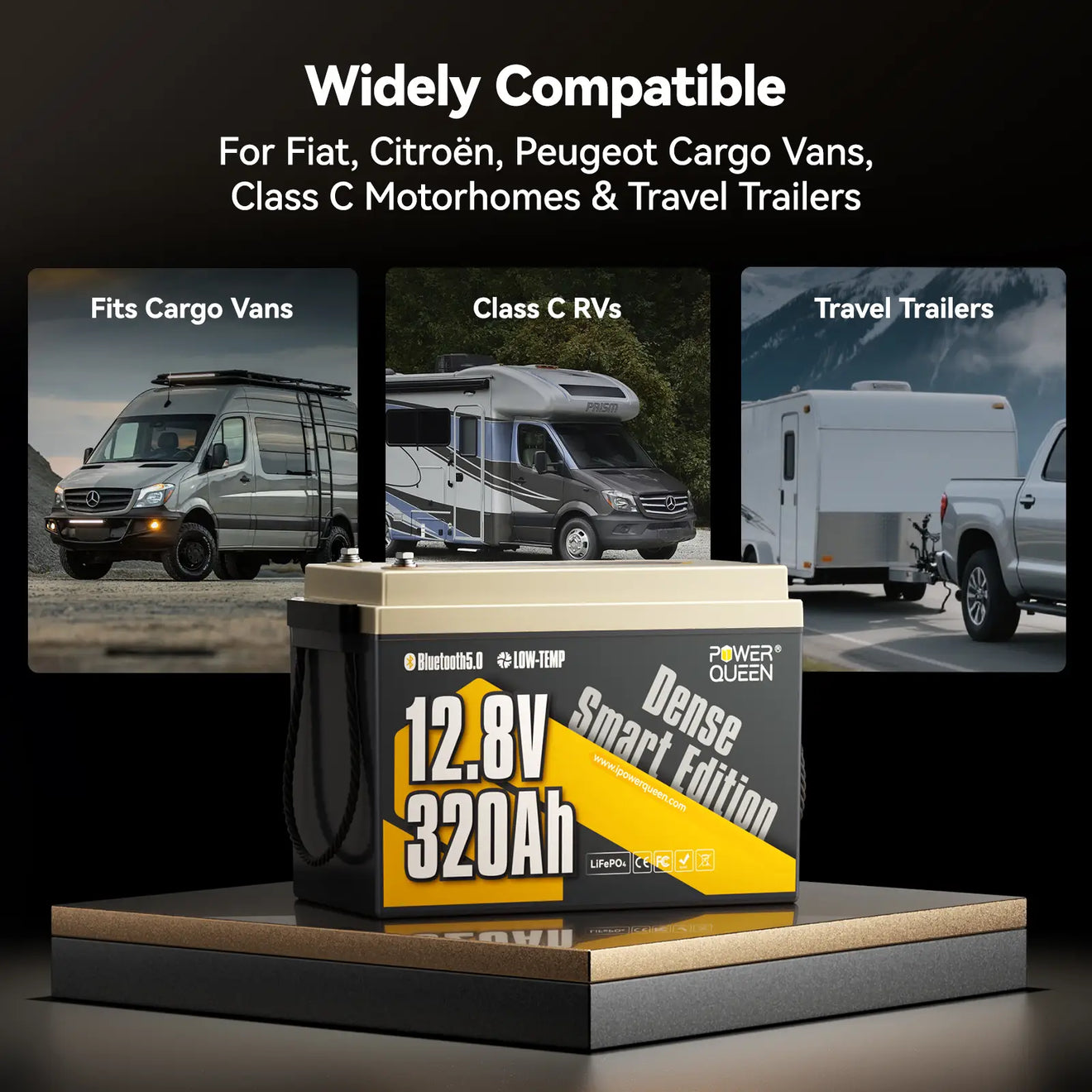 Power Queen 12V 320Ah lithium LiFePO4 battery compatible with cargo vans, RVs, and travel trailers.