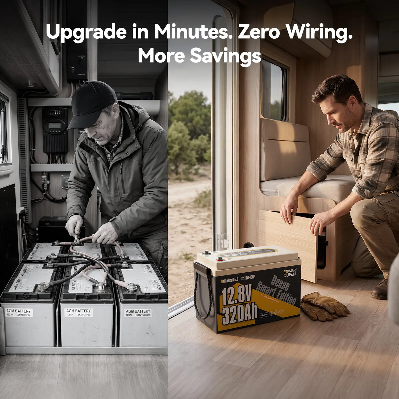 Power Queen 12V 320Ah lithium LiFePO4 battery providing an easy upgrade from bulky AGM batteries in RVs.