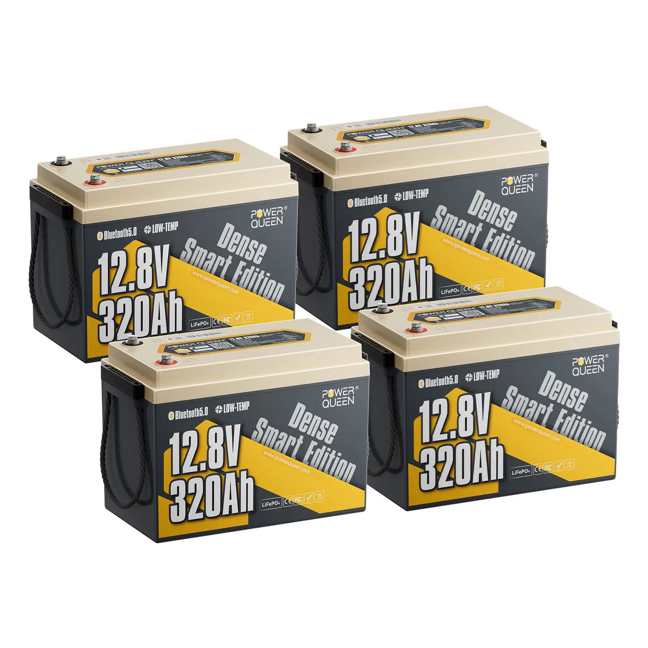 Four units of 12V 320Ah lithium LiFePO4 battery setup for a powerful off-grid solar power system.