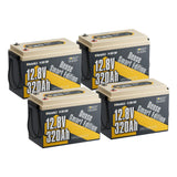 Four units of 12V 320Ah lithium LiFePO4 battery setup for a powerful off-grid solar power system.