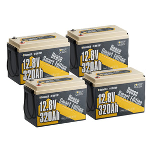Four units of 12V 320Ah lithium LiFePO4 battery setup for a powerful off-grid solar power system.