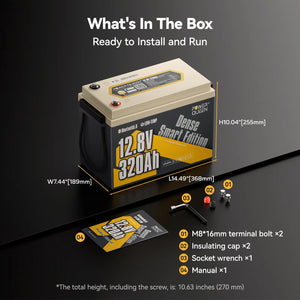 Power Queen 12V 320Ah lithium LiFePO4 battery package content including terminal bolts and manual.