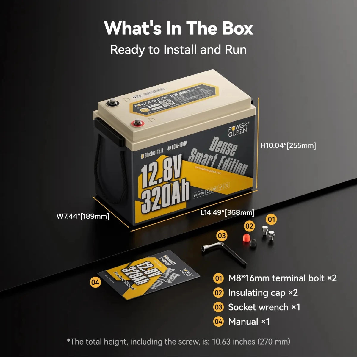 Power Queen 12V 320Ah lithium LiFePO4 battery package content including terminal bolts and manual.