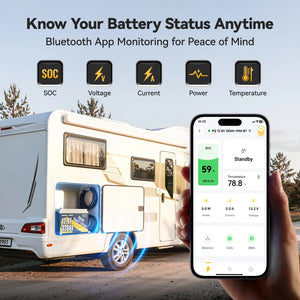 Power Queen 12V 320Ah lithium LiFePO4 battery with smart app monitoring for RV energy status.