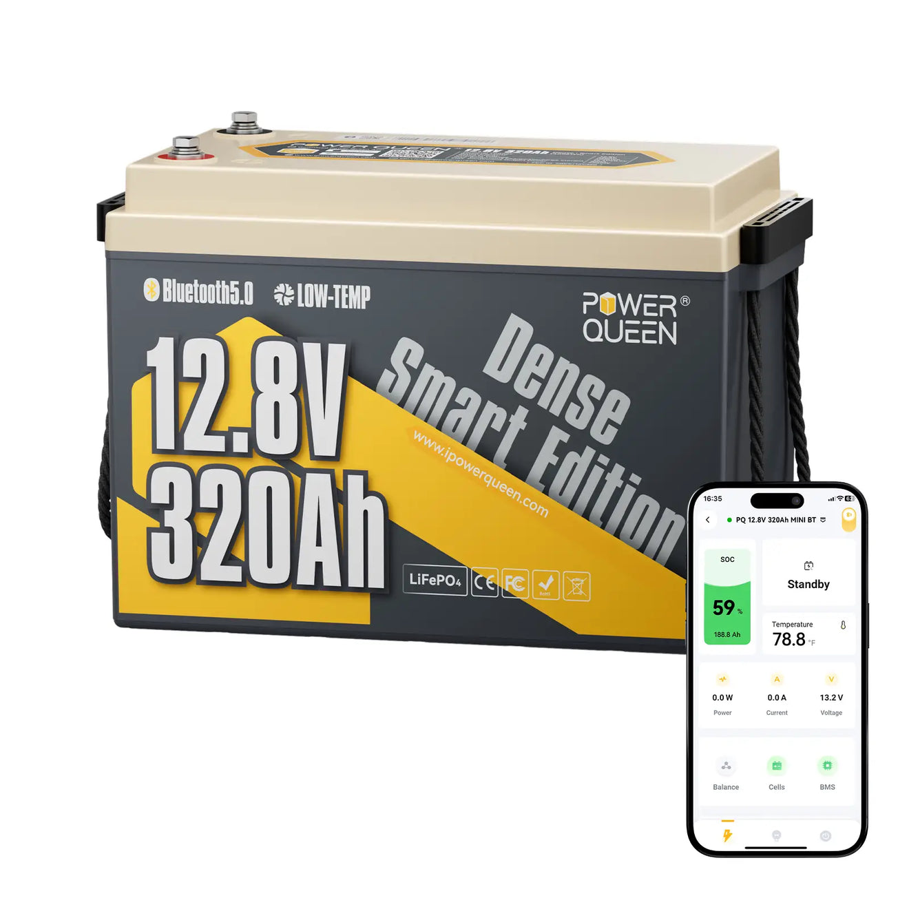 Power Queen 12V 320Ah lithium LiFePO4 battery with smart Bluetooth app monitoring on a smartphone screen.