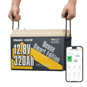 Power Queen 12V 320Ah lithium battery with smart Bluetooth app monitoring on a smartphone screen.