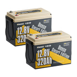 Two units of 12V 320Ah lithium LiFePO4 battery shown together for increased energy storage capacity.