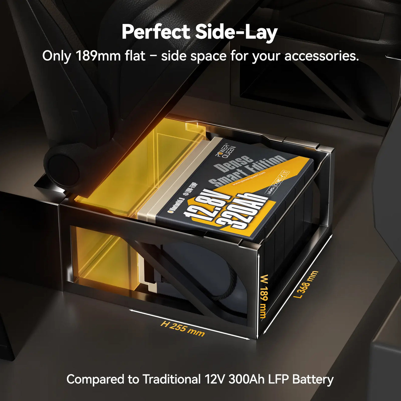 A 12V 320Ah lithium LiFePO4 battery with side-lay installation under a seat for compact space saving.