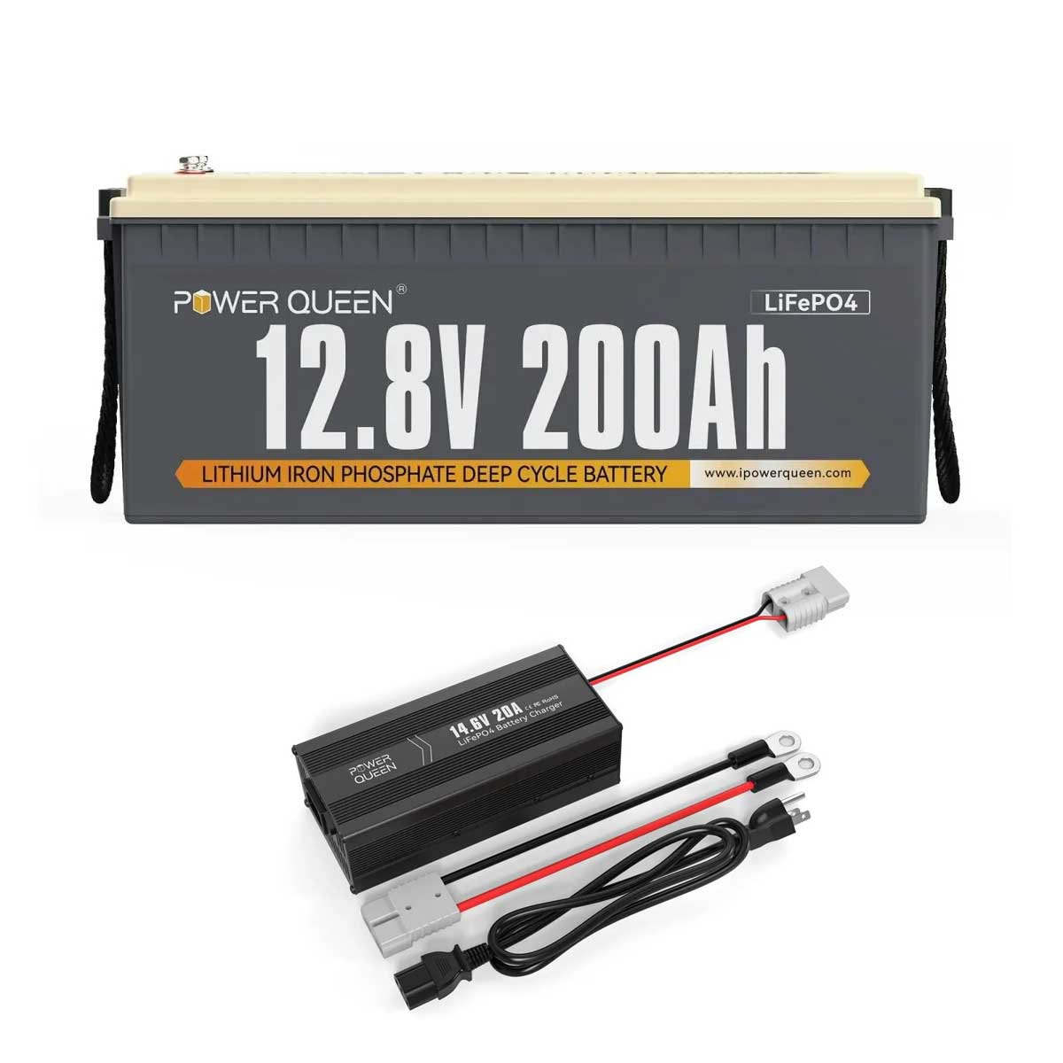 Power Queen 12v 200ah deep cycle LiFePO4 battery with 14.6V 20A smart lithium charger combo for RV solar systems.