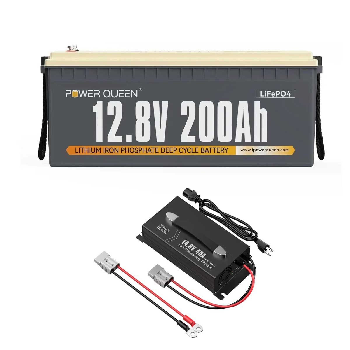 Power Queen 12v 200ah deep cycle LiFePO4 battery combo with 14.6V 40A fast charger for rapid backup power.