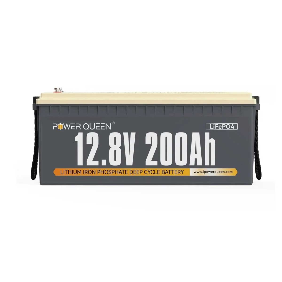 Power Queen 12v 200ah deep cycle LiFePO4 battery front view.