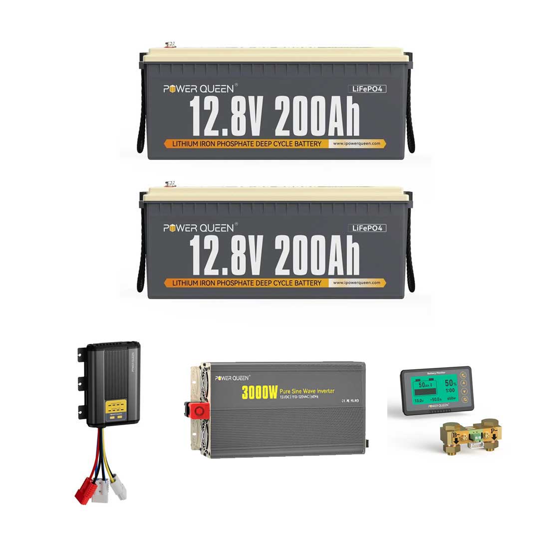 Power Queen 12v 200ah deep cycle LiFePO4 battery 2-pack solar kit with 3000W pure sine wave inverter and DC-DC charger.