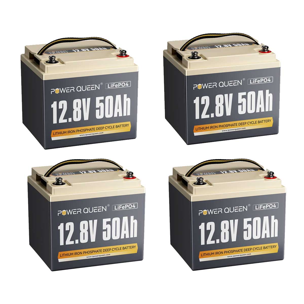 Power Queen 12V 50Ah LiFePO4 battery 4-pack set for expandable off-grid energy storage.
