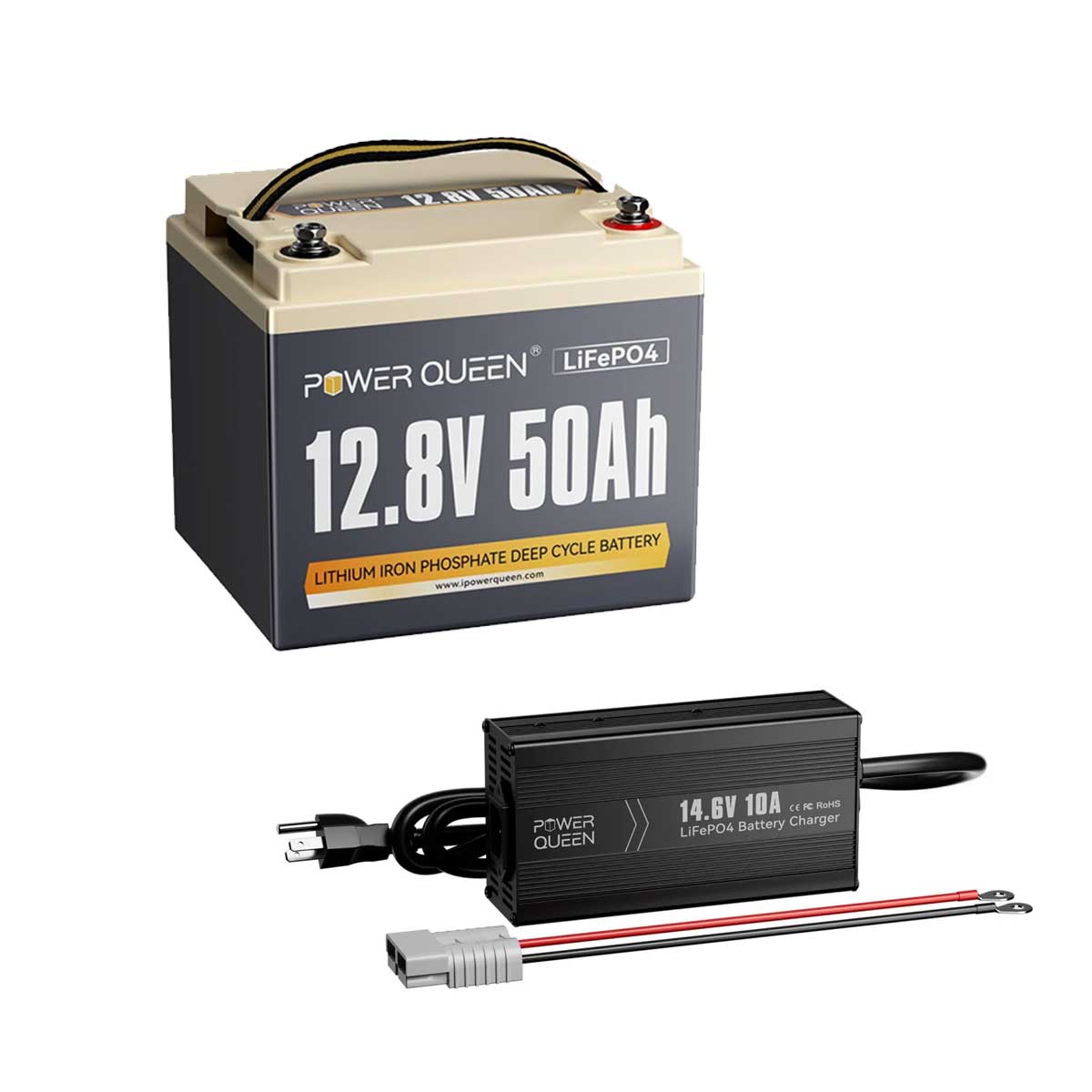 Power Queen 12V 50Ah LiFePO4 battery bundled with a dedicated 14.6V 10A lithium battery charger.