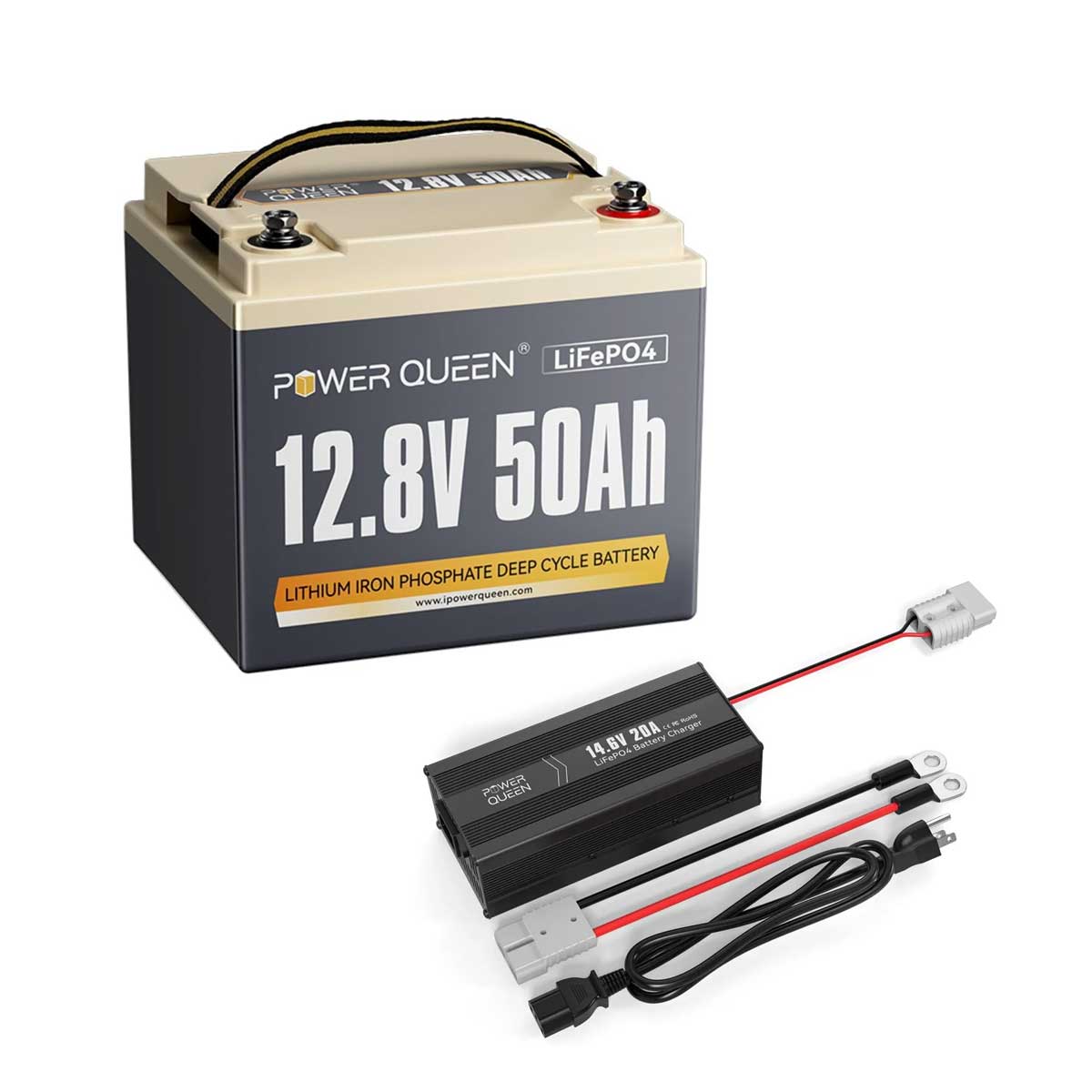Power Queen 12V 50Ah LiFePO4 battery bundled with a dedicated 14.6V 20A lithium battery charger.