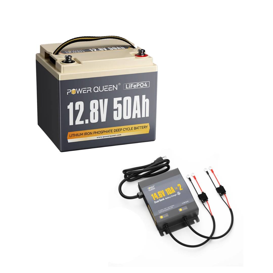 Power Queen 12V 50Ah LiFePO4 battery bundled with a 14.6V 10A 2-bank dual onboard charger.
