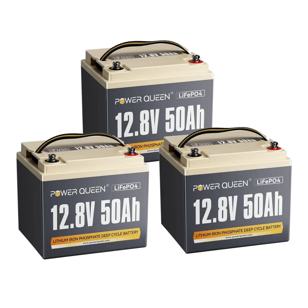 Power Queen 12V 50Ah LiFePO4 battery 3-pack set for expandable marine and off-grid power.