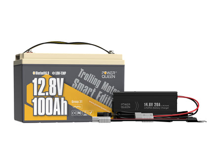 Power Queen 12V 20A Charger Kit With 12V 100Ah Low-Temp Smart Deep Cycle Lithium Battery