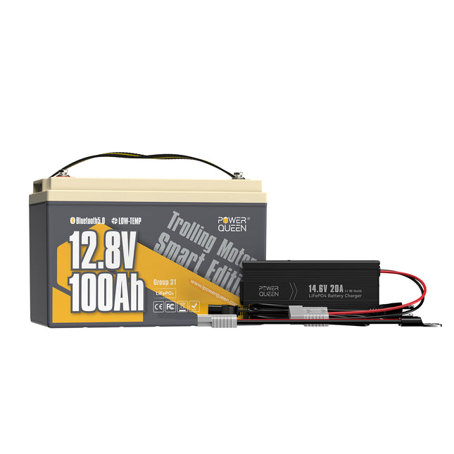 Power Queen 12V 20A Charger Kit With 12V 100Ah Low-Temp Smart Deep Cycle Lithium Battery