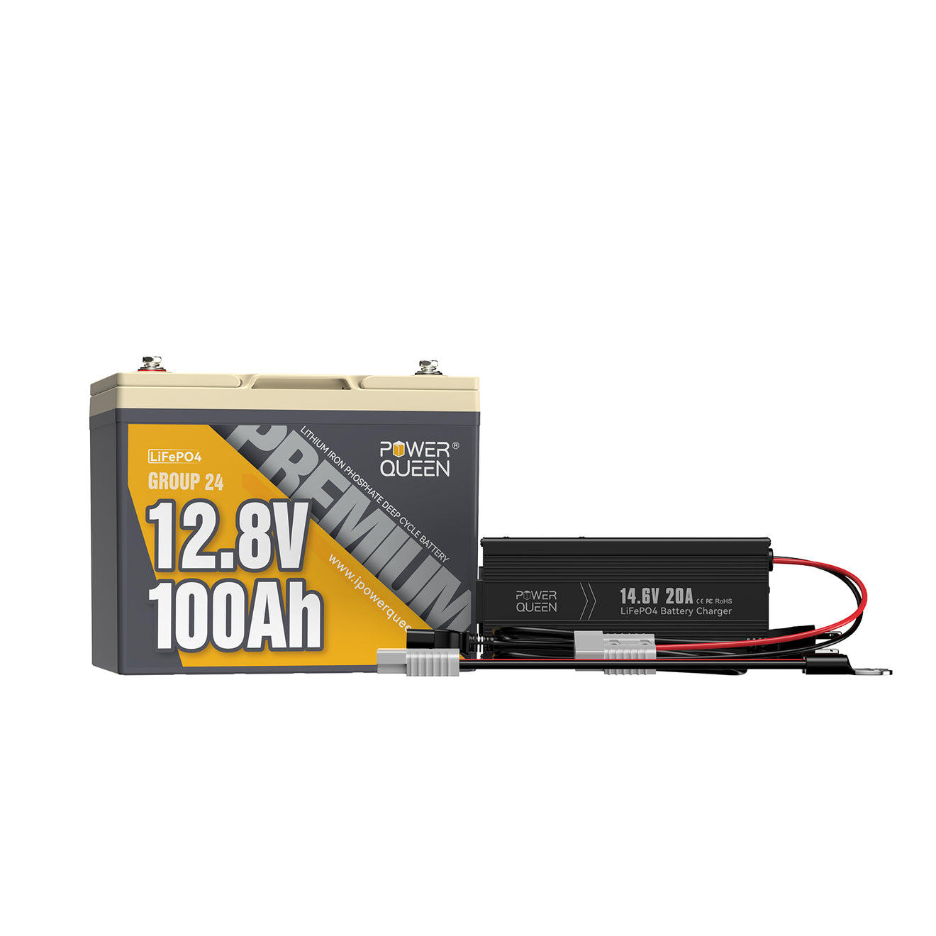 Power Queen 12V 20A Charger Kit With 12V 100Ah Group 24 Deep Cycle Lithium Battery