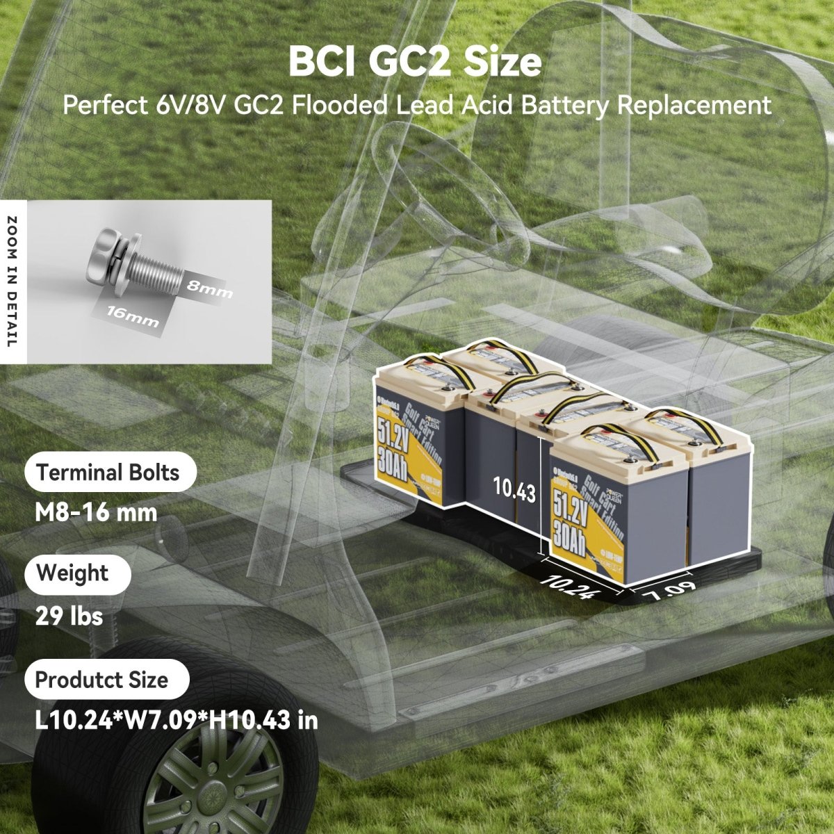 Power Queen Golf Cart Smart Lithium Battery BCI GC2 Size