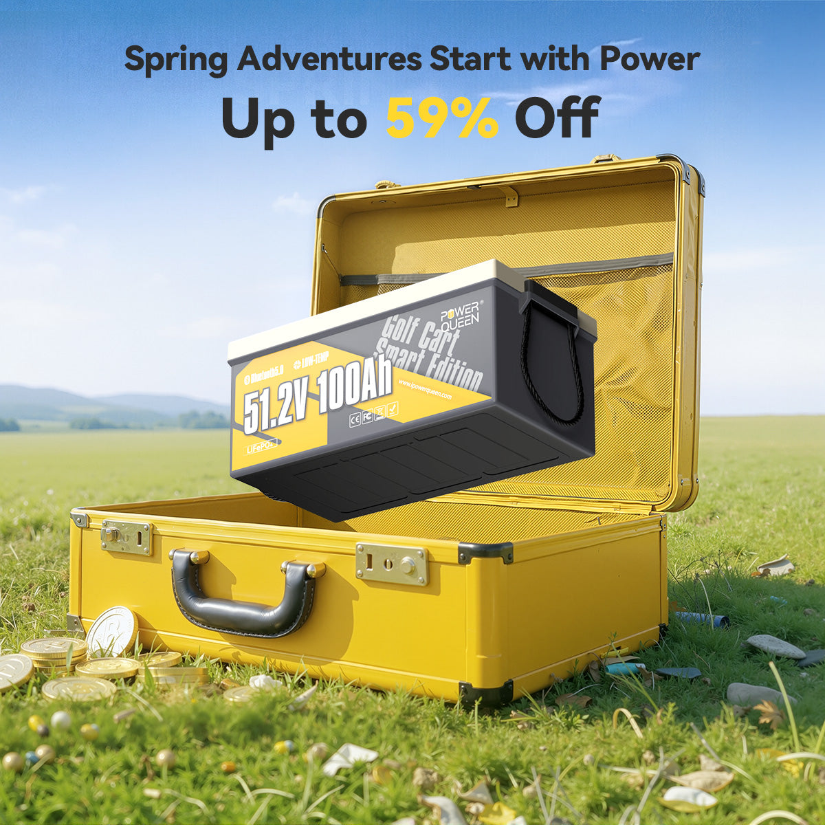 Power Queen 51.2V 100Ah Smart lithium battery emerging from a yellow suitcase on a grassy field during the Big Spring Sale.