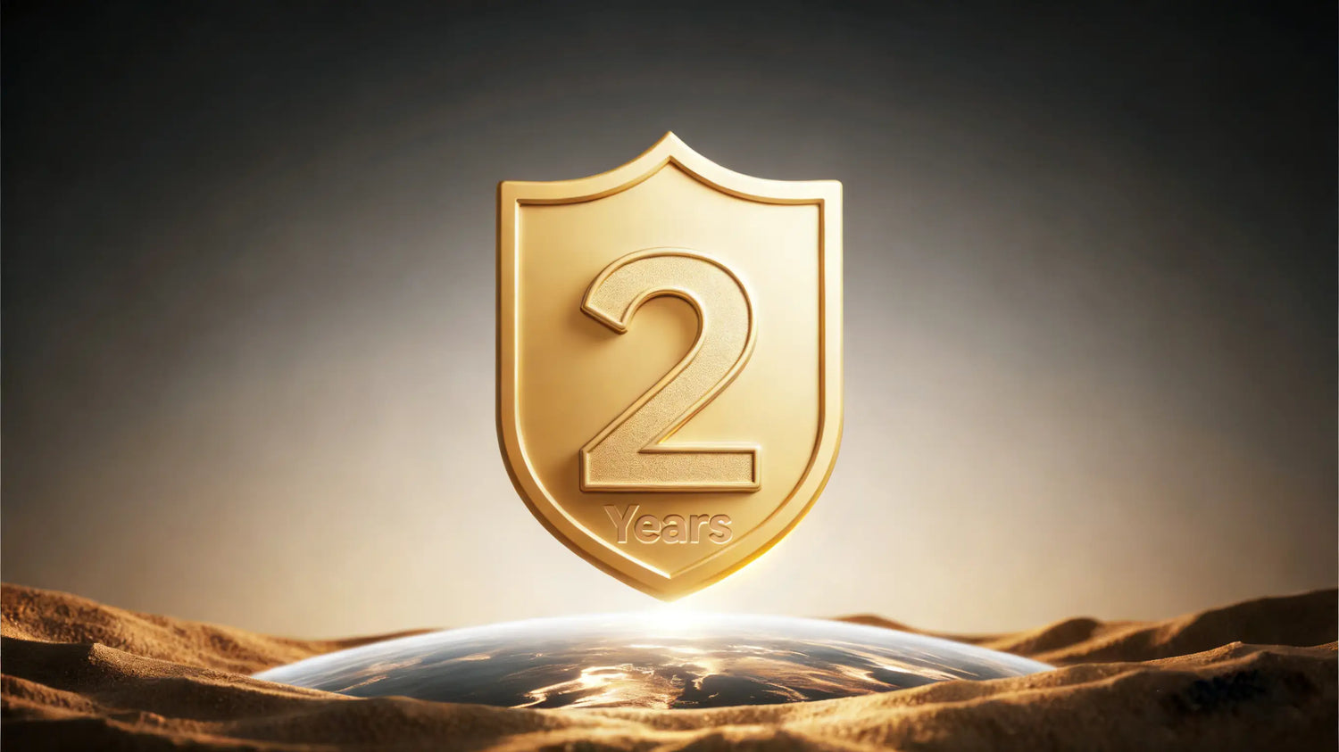 2-Year Warranty of Power Queen LiFePO4 Battery charger with a golden "2" in the dark background 