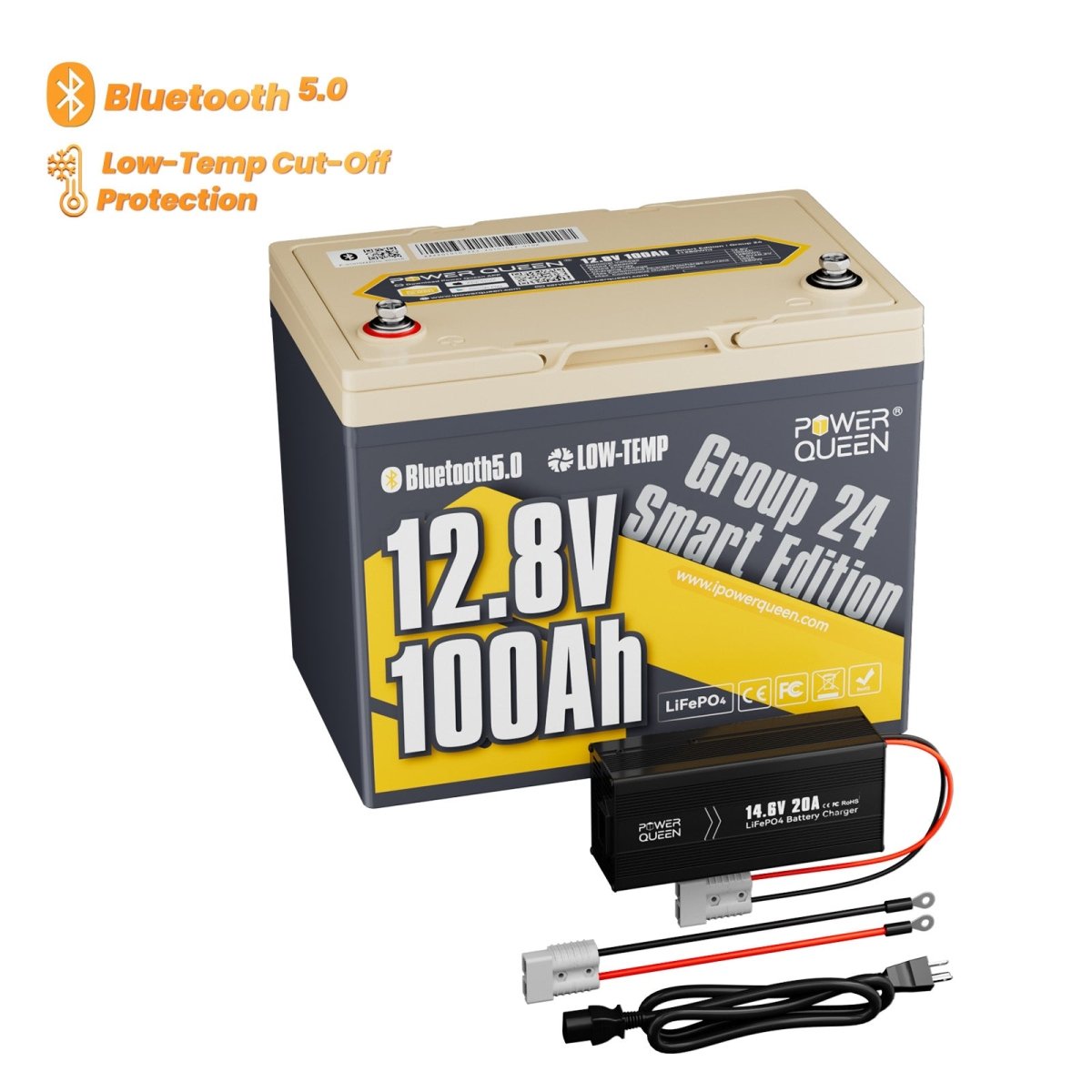 Power Queen 12V 100Ah Group 24 Smart Deep Cycle Lithium Battery - Power Queen US