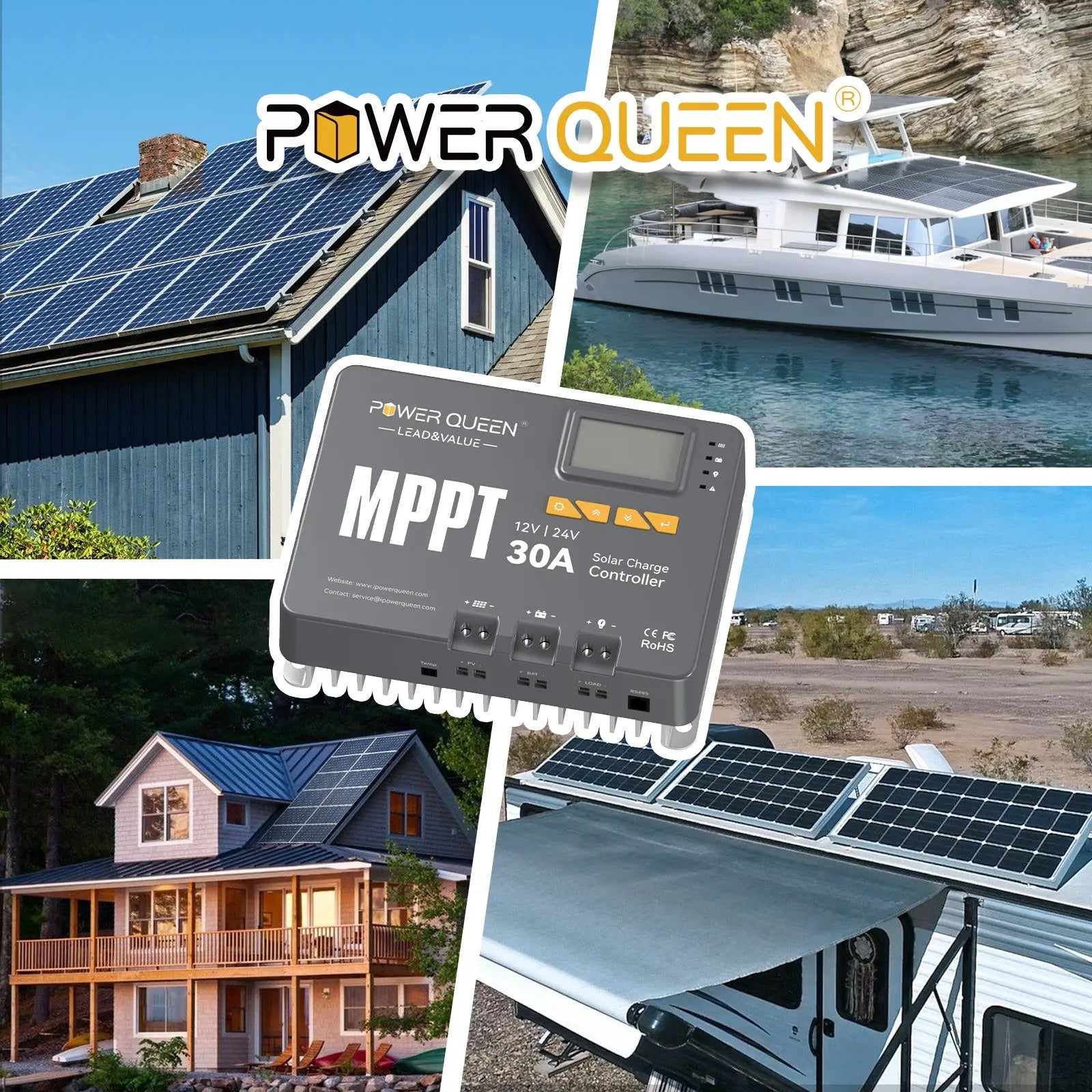 Power Queen 12/24V 30 Amp MPPT Solar Charge Controller & Bluetooth Adapter Power Queen