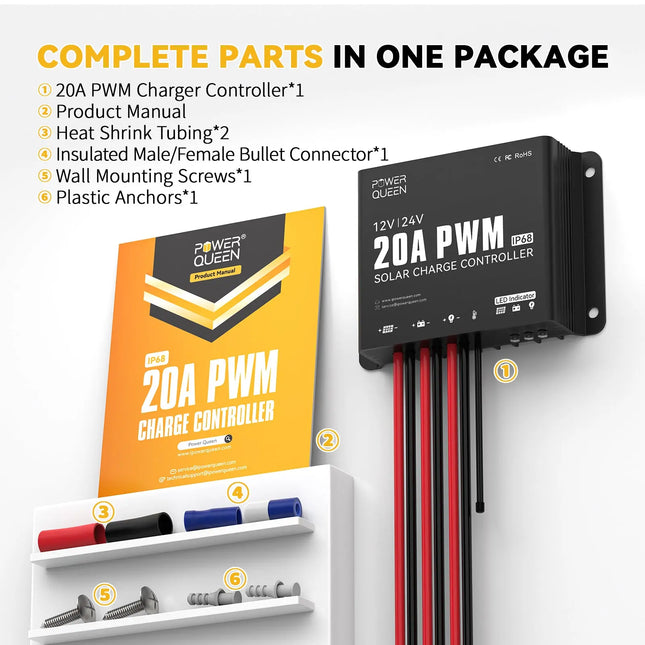 complete parts in Power Queen 20A PWM Solar Charger Controller package