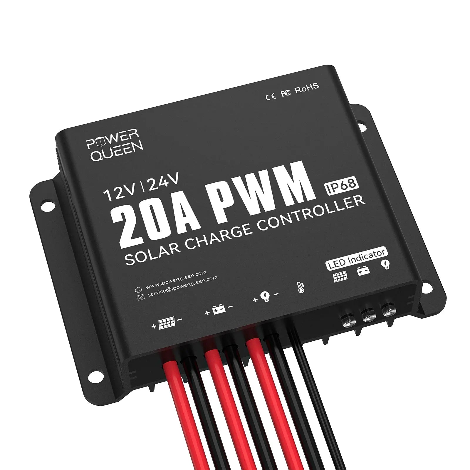 Power Queen 20A 12V/24V PWM Waterproof Solar Charger Controller