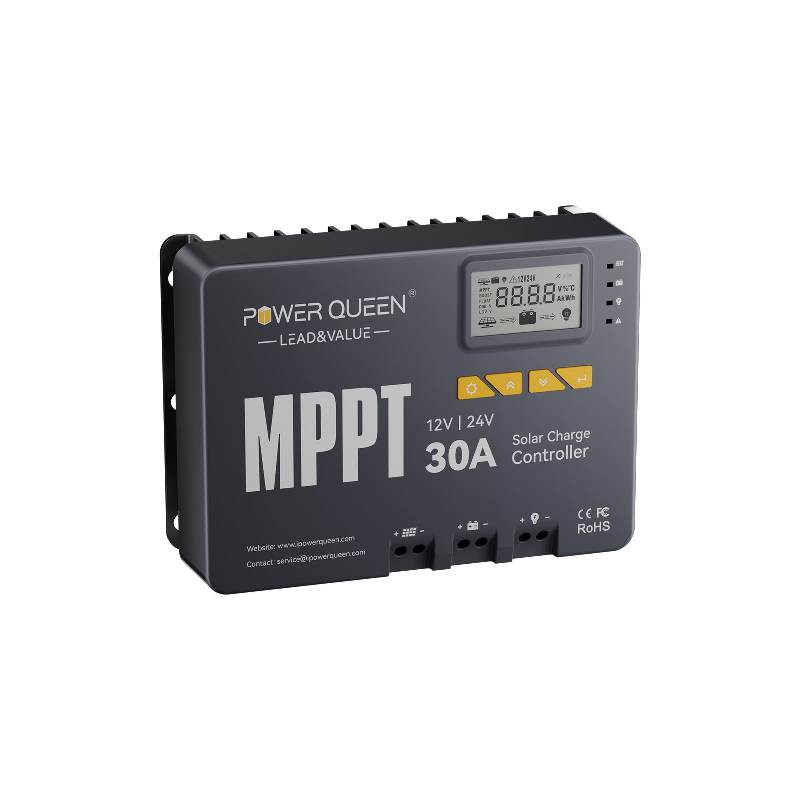 Power Queen 12/24V 30A MPPT Solar Charge Controller & Bluetooth Adapter