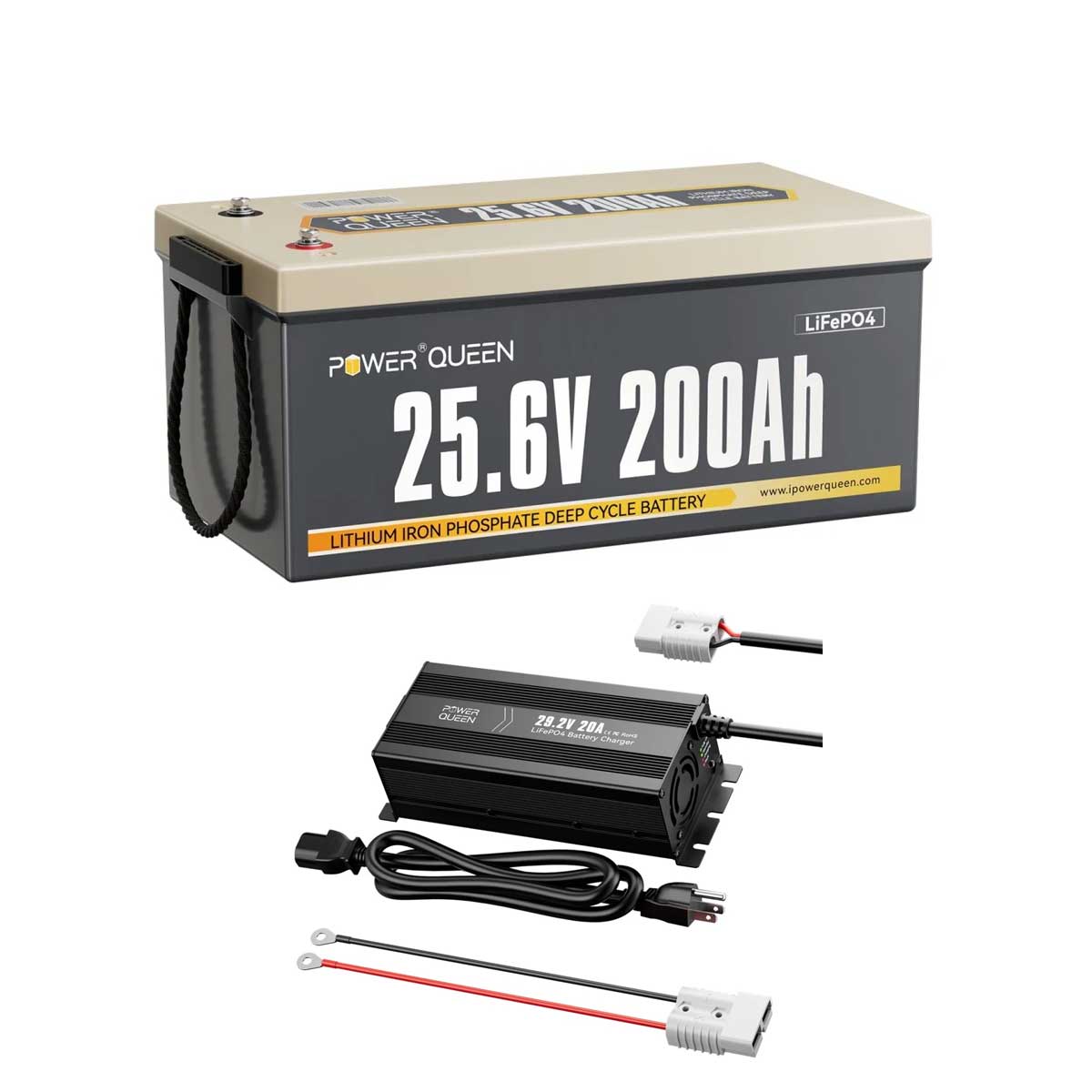 Complete Power Queen 24v 200ah lifepo4 battery kit with a dedicated 24v lithium battery charger for simplified power system setup.