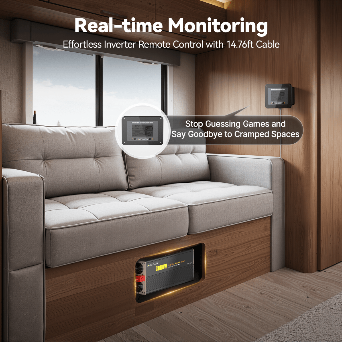 Power Queen 3000W Pure Sine Wave Inverter 12V DC to 110V AC Converter with 7 Outlets & LCD Remote Control