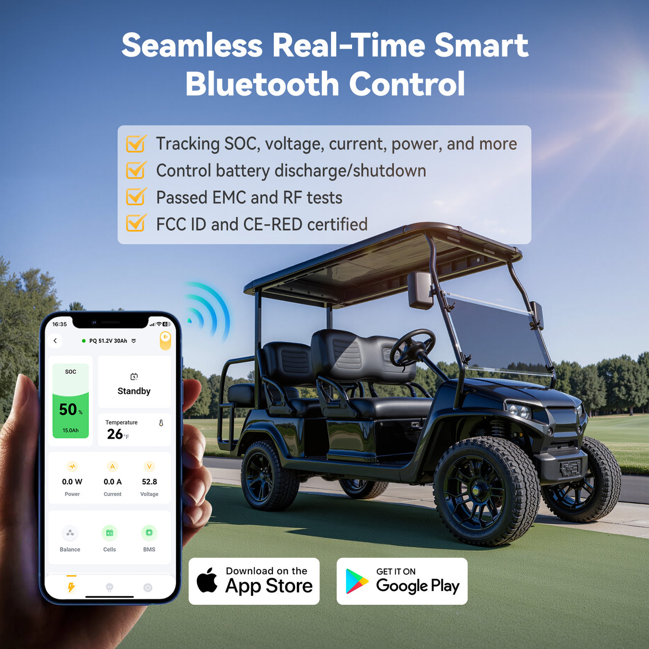 Power Queen 48V (51.2V) 30Ah GC2 Golf Cart Smart Lithium Battery