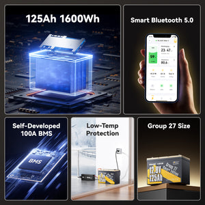 Power Queen 12V 125Ah Group27 Smart Deep Cycle Lithium Battery