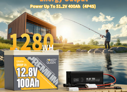 Power Queen 12V 20A Charger Kit With 12V 100Ah Group 24 Deep Cycle Lithium Battery