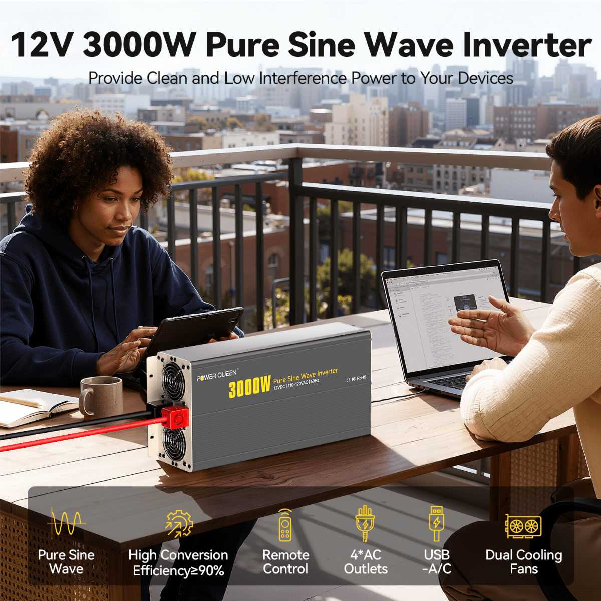 Power Queen 3000W Pure Sine Wave Inverter 12V DC to 110V AC Converter with 7 Outlets & LCD Remote Control