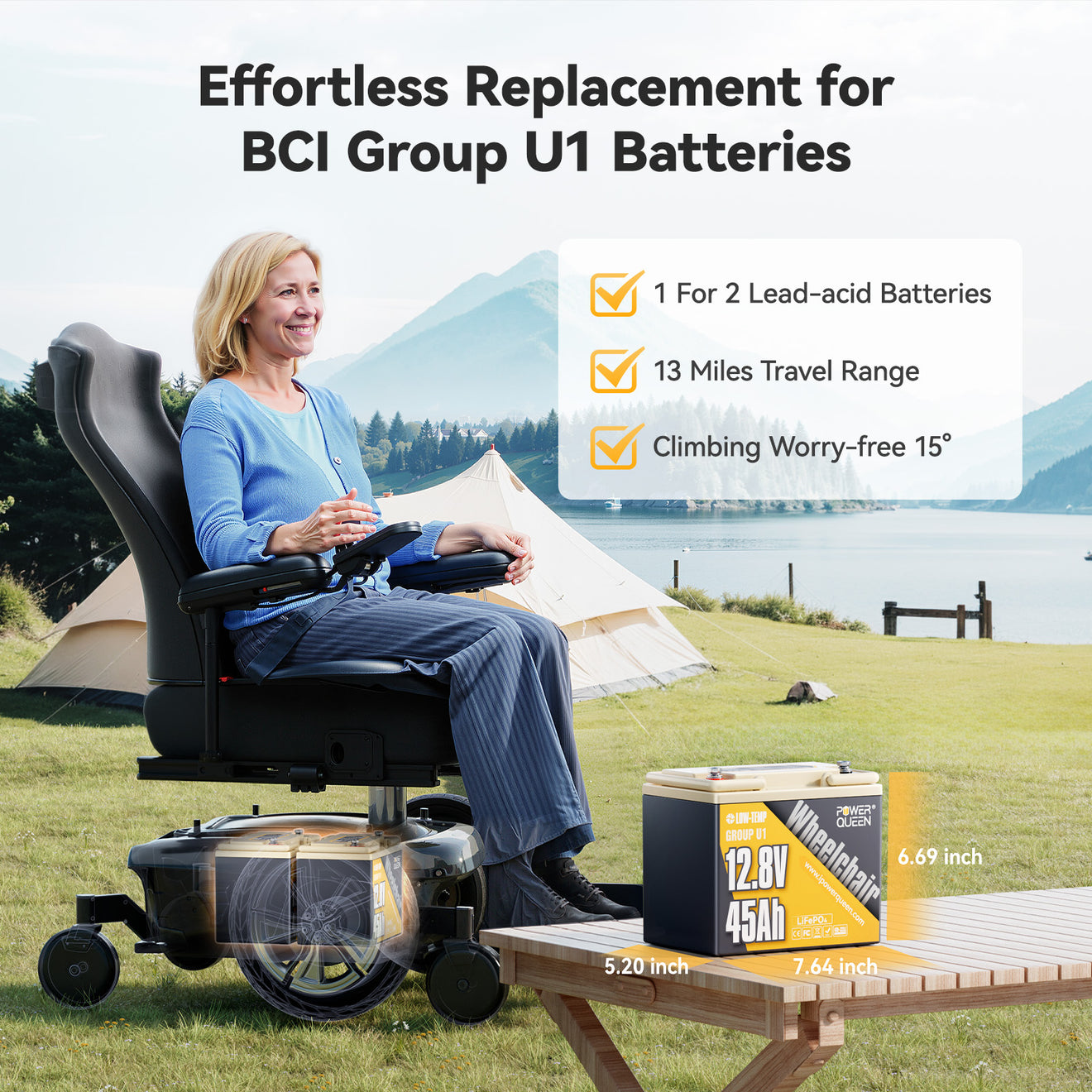 Power Queen 12V 45Ah Group U1 Lithium Battery