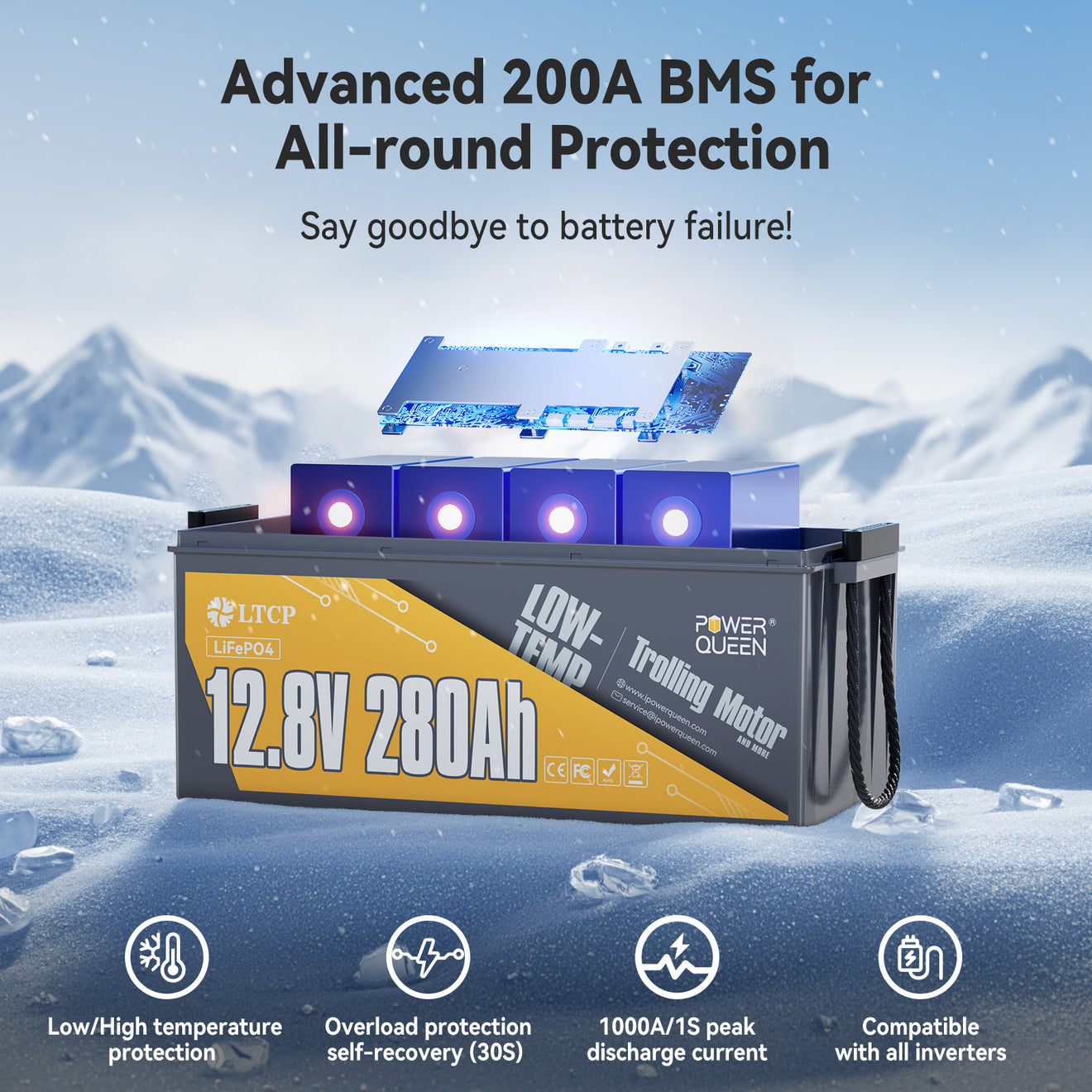 [Used-Very-Good] Power Queen 12V 280Ah Low-Temp Deep Cycle Lithium Battery