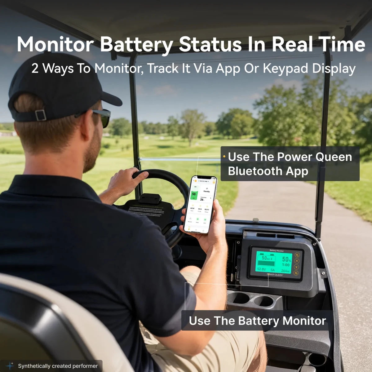 Power Queen 48V 100Ah golf cart lifepo4 lithium battery real time monitoring via app and monitor.
