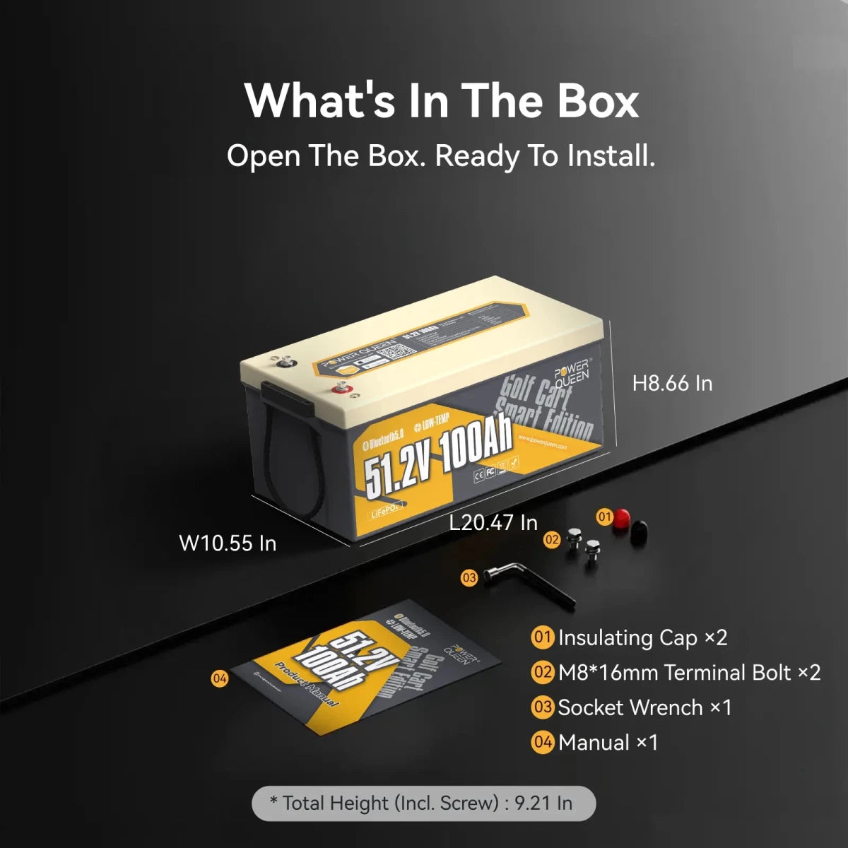 Power Queen 48V 100Ah golf cart lifepo4 lithium battery whats in the box package content.