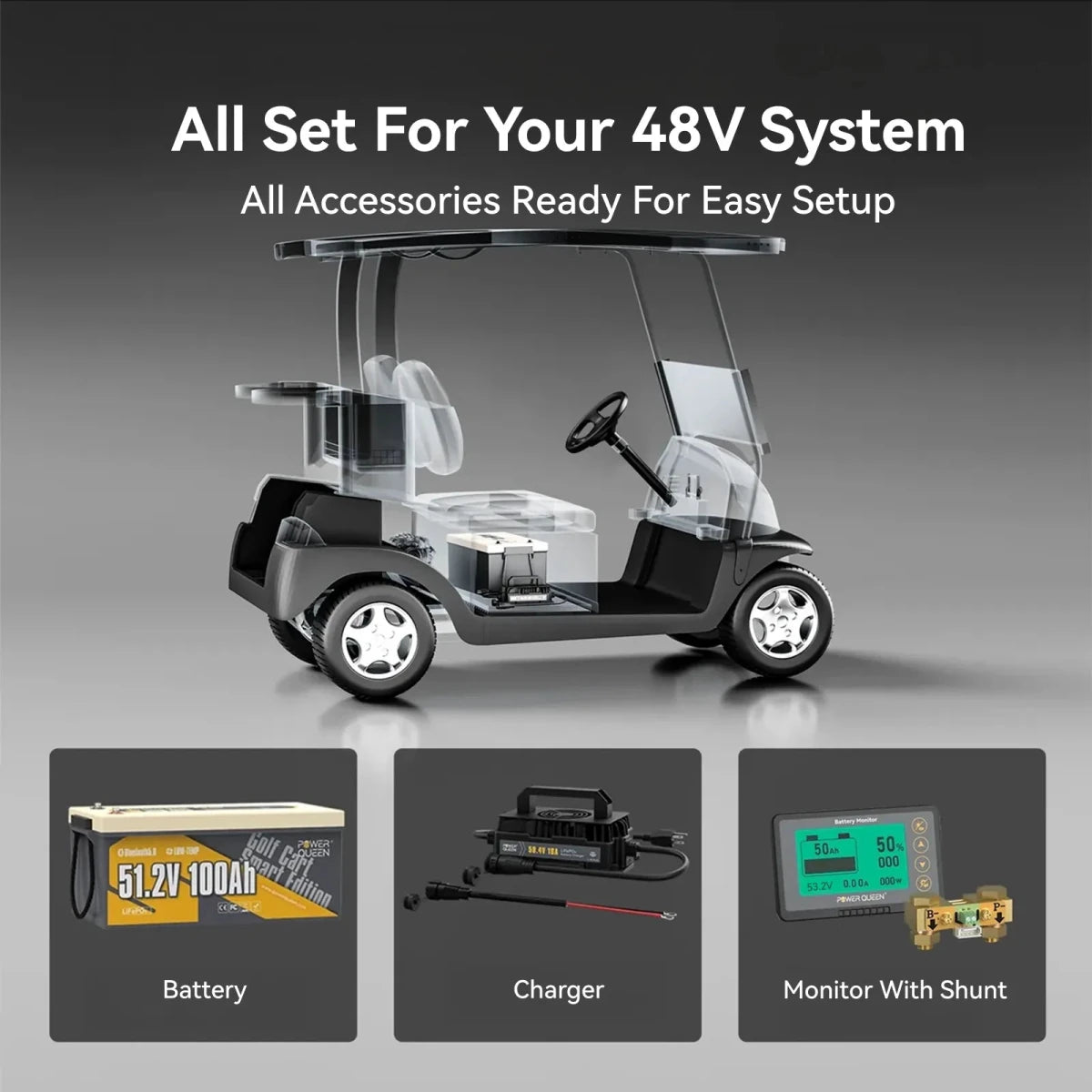 Power Queen 48V 100Ah golf cart lifepo4 lithium battery with accessories charger and monitor kit.