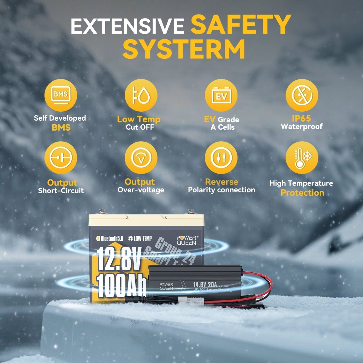 Power Queen 12V 100Ah Group 24 Smart Deep Cycle Lithium Battery With 12V 20A Charger Kit - Power Queen US