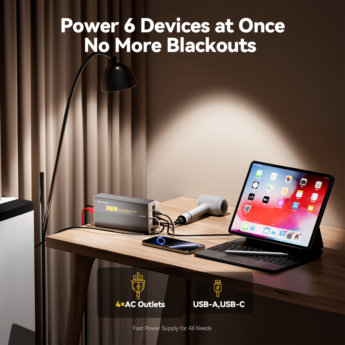 Power Queen 3000W Pure Sine Wave Inverter 12V DC to 110V AC Converter with 7 Outlets & LCD Remote Control