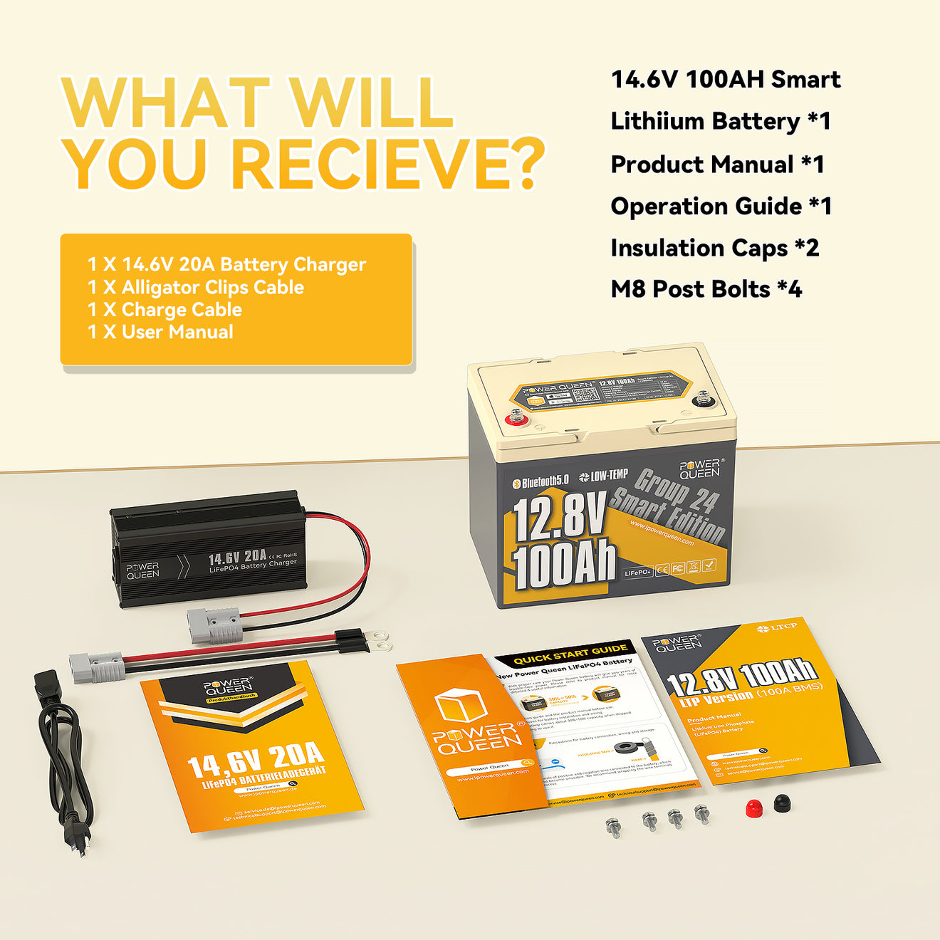 Power Queen 12V 20A Charger Kit With 12V 100Ah Group 24 Smart Deep Cycle Lithium Battery