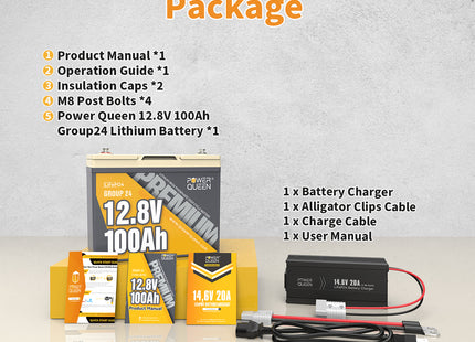 Power Queen 12V 20A Charger Kit With 12V 100Ah Group 24 Deep Cycle Lithium Battery