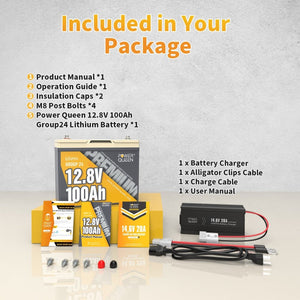 Power Queen 12V 100Ah Group 24 Deep Cycle Lithium Battery With 12V 20A Charger Kit - Power Queen US