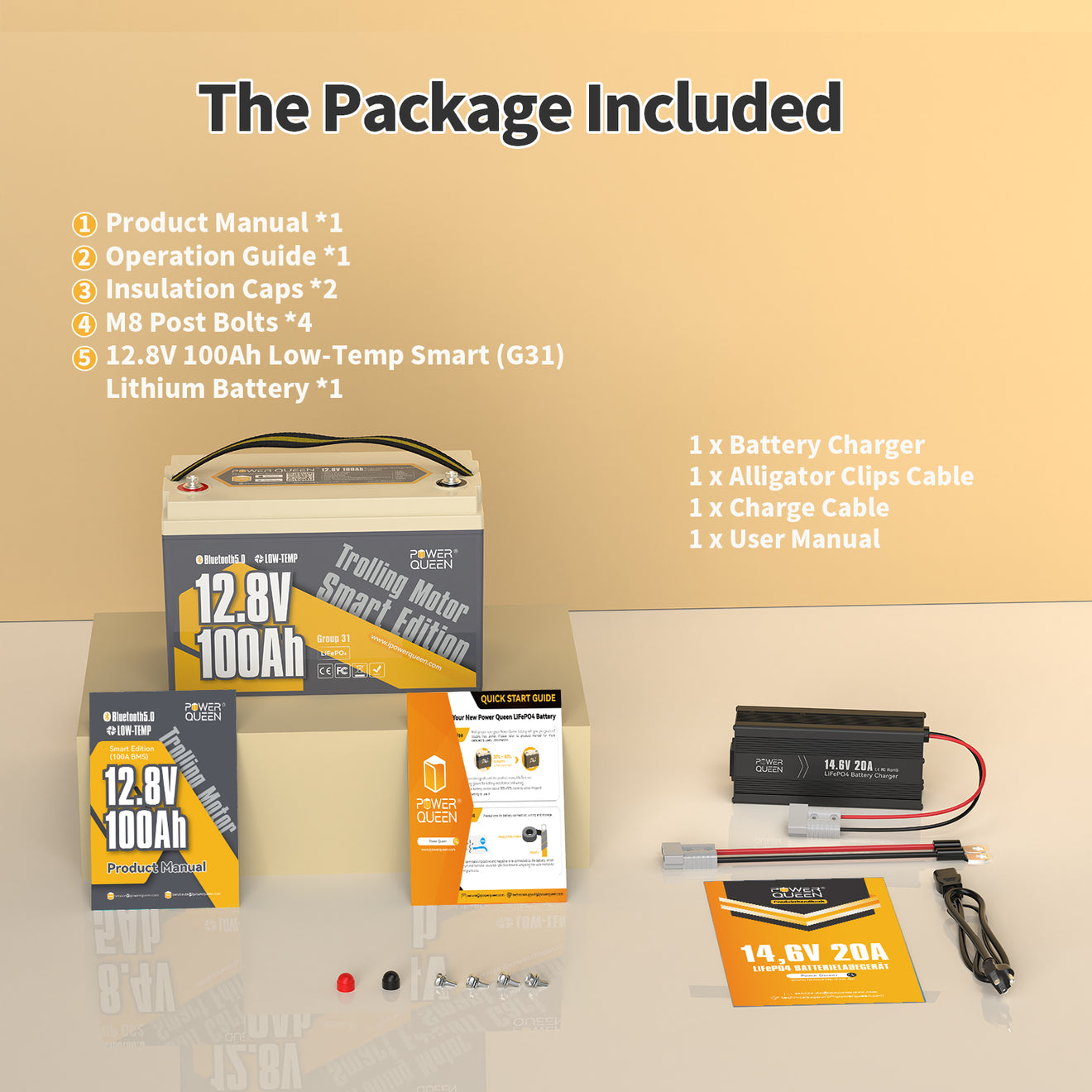 Power Queen 12V 20A Charger Kit With 12V 100Ah Low-Temp Smart Deep Cycle Lithium Battery
